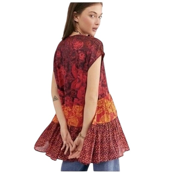 Free People Gotta Have You Tunic Cap Sleeve Flowy Red Orange Tiered Top Size XS - Picture 4 of 10